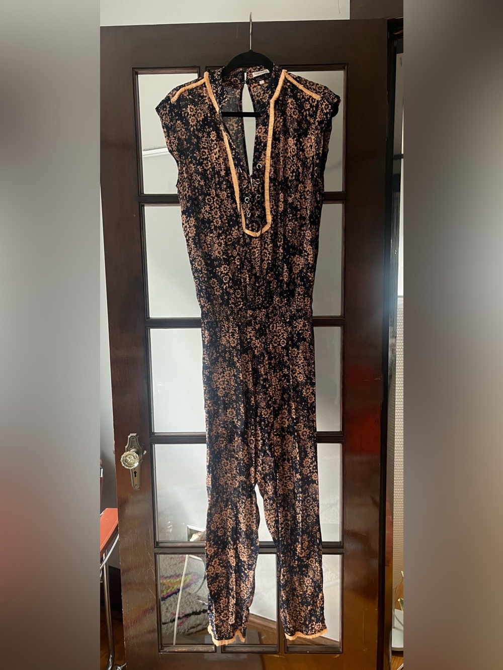 EUC! Poupette St. Barth Boho Jumpsuit in Navy and Peach Floral Print